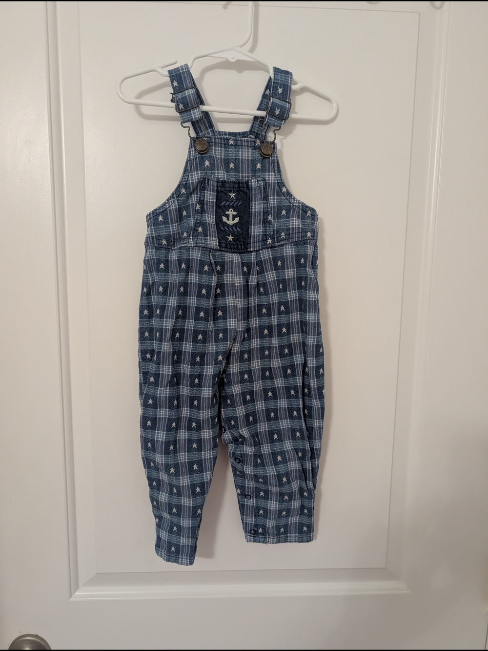 Vintage Blue Plaid Overalls with Star Detail And Anchor Patch Size 18m Nautical